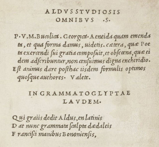 1501 Aldine Virgil, Title Page, eulogy to Francesco Griffo