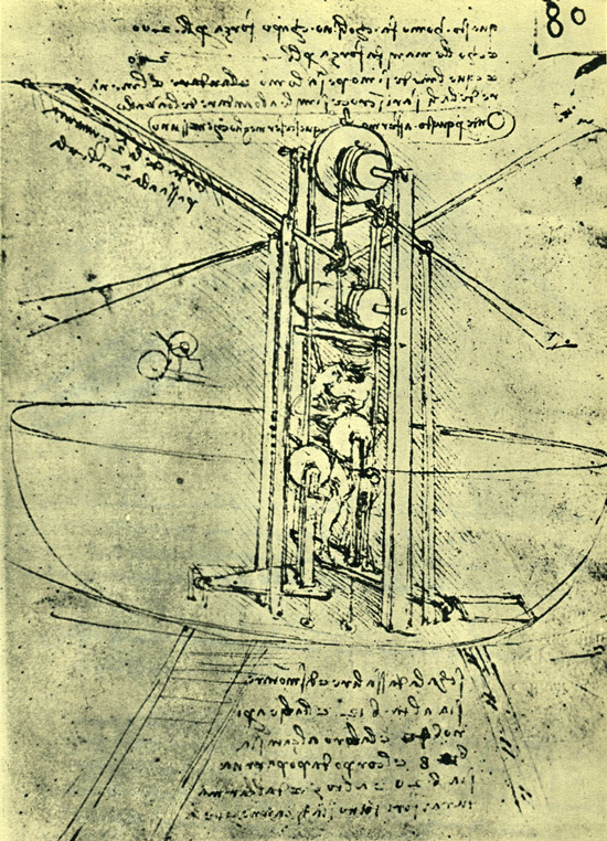 Leonardo da Vinci drawing of a flying machine with a man operating it